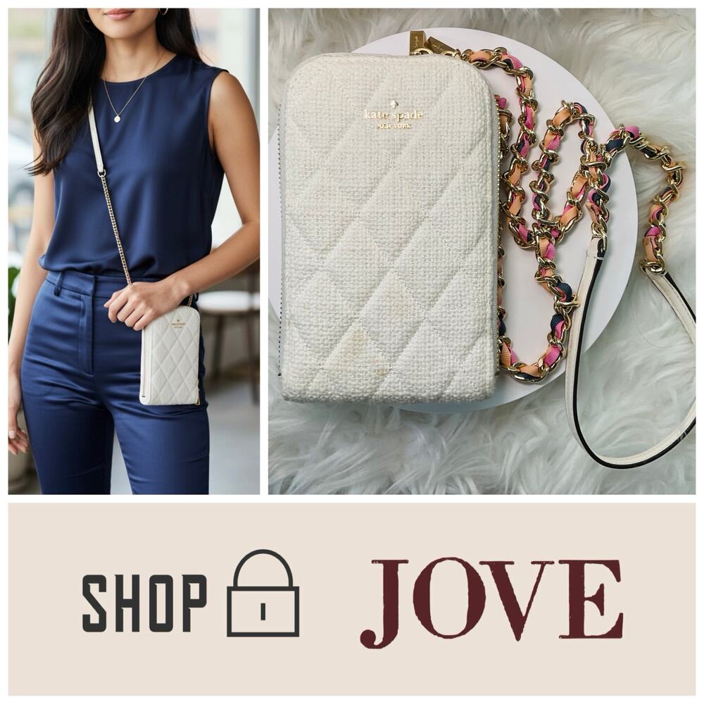 $299 Kate Spade Quilted Tweed Fabric Phone Chain Crossbody Ivory White Pink